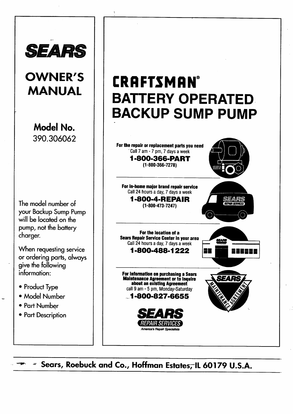 800-366-part, Crrftsmrn^ battery operated backup sump pump, Owner's manual | Model no, 800-4-repair | Sears 390.306062 User Manual | Page 8 / 8