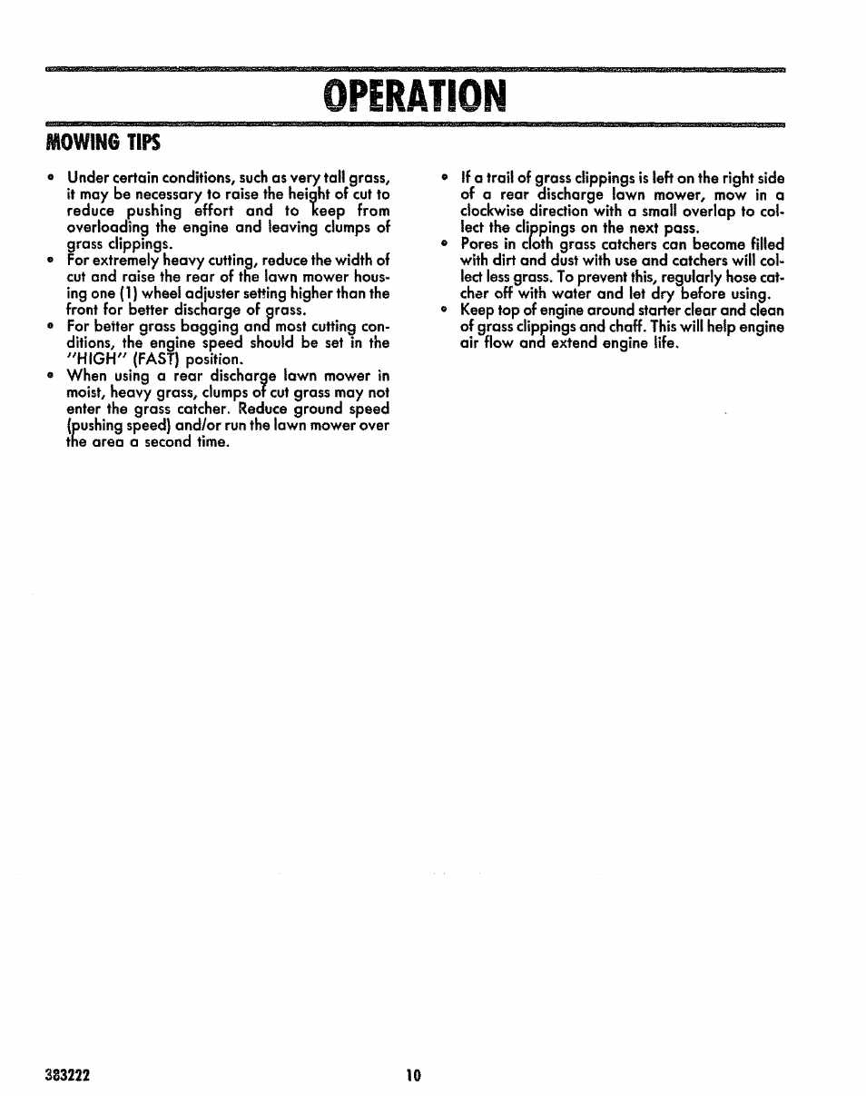 Mowing tips, Operation | Sears 917.383223 User Manual | Page 10 / 24