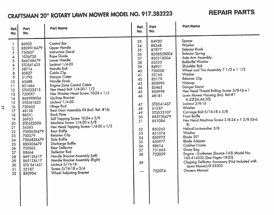 Repair parts, Part | Sears 917.383223 User Manual | Page 17 / 24