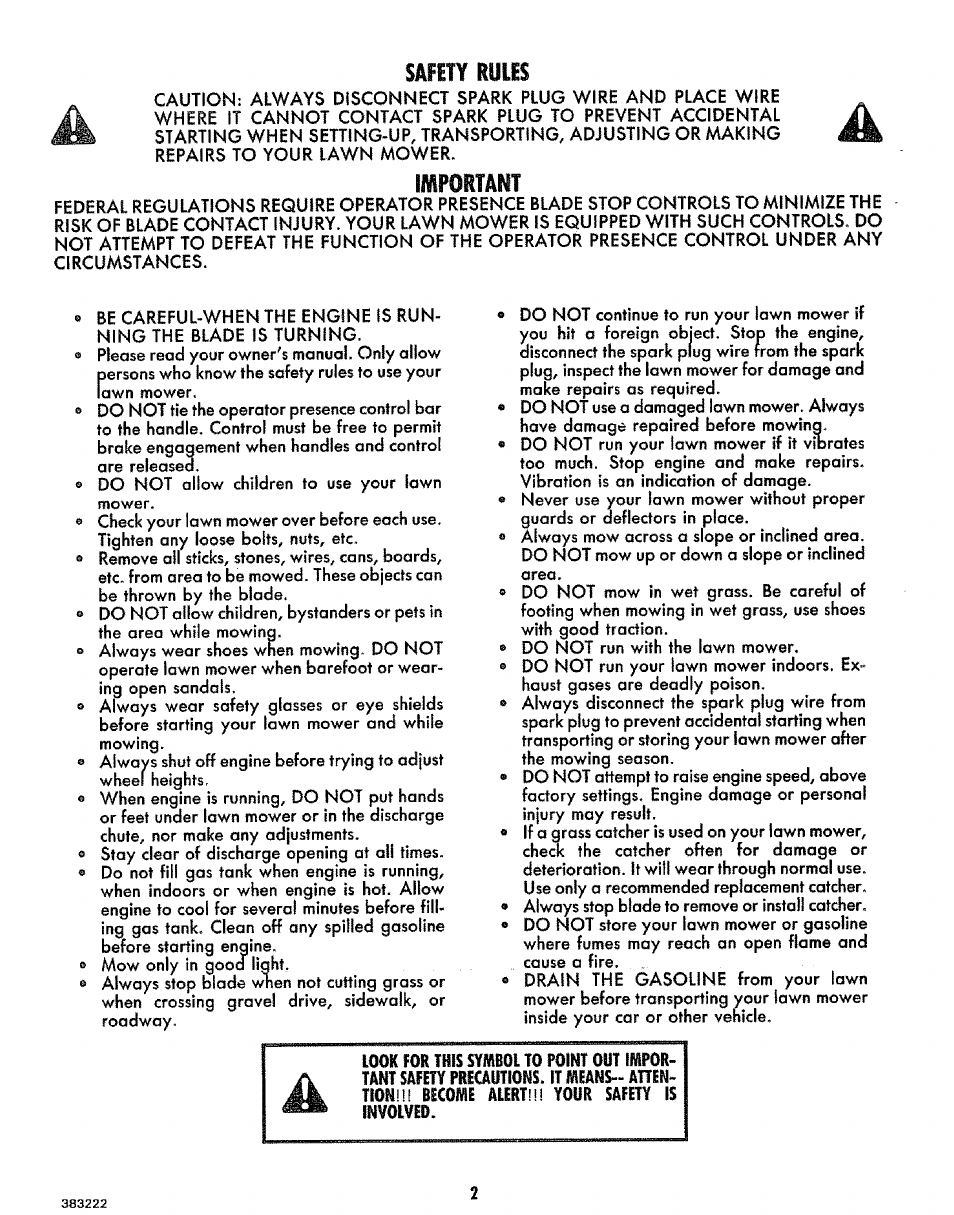 Safiiy mib, Important | Sears 917.383223 User Manual | Page 2 / 24