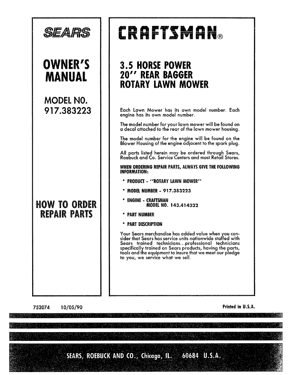 Sears, roebuck and co., chicago, il. 60684 u.s.a, Crrftsmrn, Bemm | Owner's, Manual, 5 horse power, 20