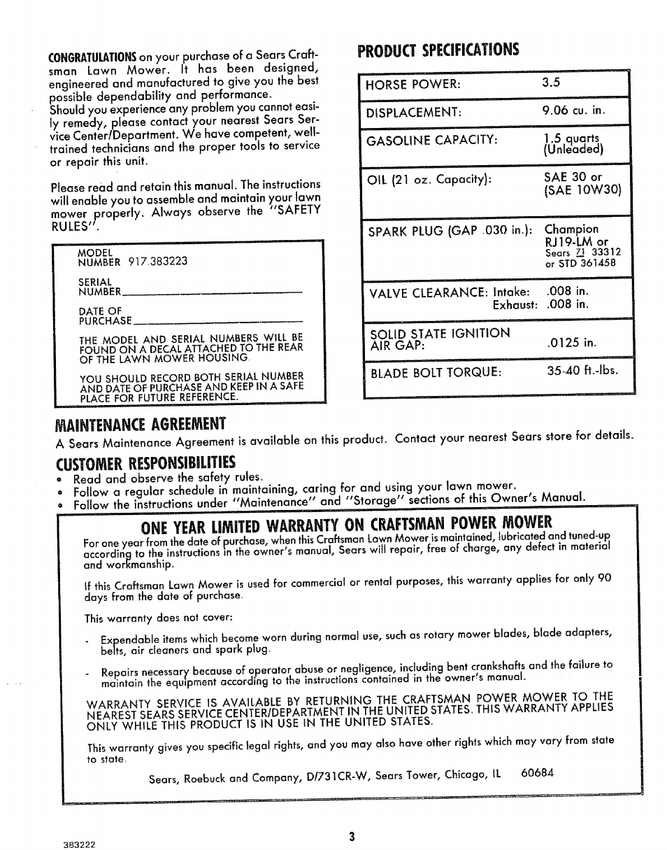 Product spicificâtions, Aintenance agreement, Customer responsibilities | One year limited warranty on craftsman | Sears 917.383223 User Manual | Page 3 / 24