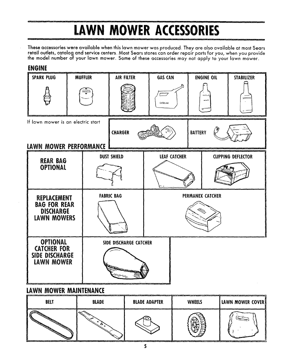 Lawn mower accessories, Engine | Sears 917.383223 User Manual | Page 5 / 24