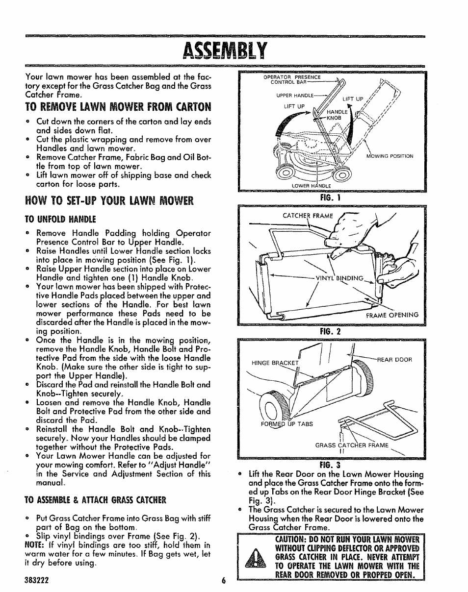 To removi lawn mower from carton, How to sit-up your lawn mower, To unfold handle | To assi^li i attach orass atcher | Sears 917.383223 User Manual | Page 6 / 24