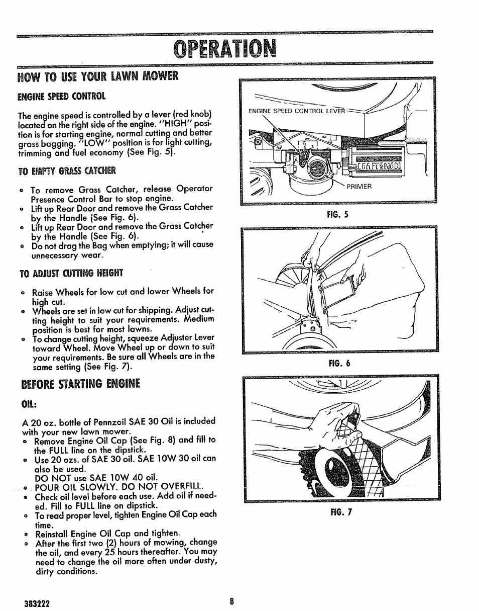 How 10 use your lawn mower, To adjust cuftino hii6ht, Operation | Mmm $nm | Sears 917.383223 User Manual | Page 8 / 24