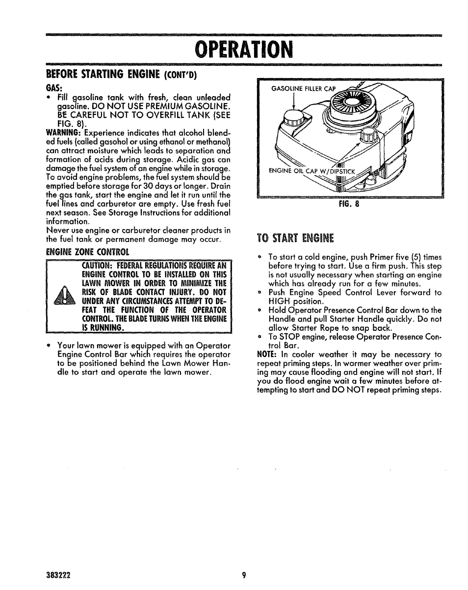 Before startino enoini (cdnt'd), Engine zone controi, Operation | Imim | Sears 917.383223 User Manual | Page 9 / 24