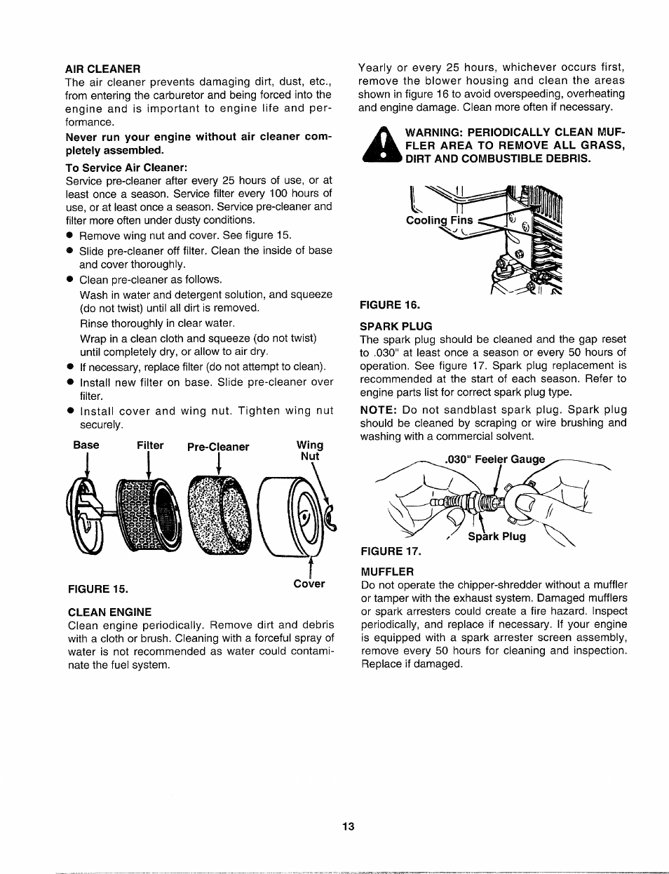Air cleaner, To service air cleaner, Clean engine | Cooling fins, Figure 16, Spark plug, Muffler | Sears Craftsman 247-795890 User Manual | Page 13 / 42