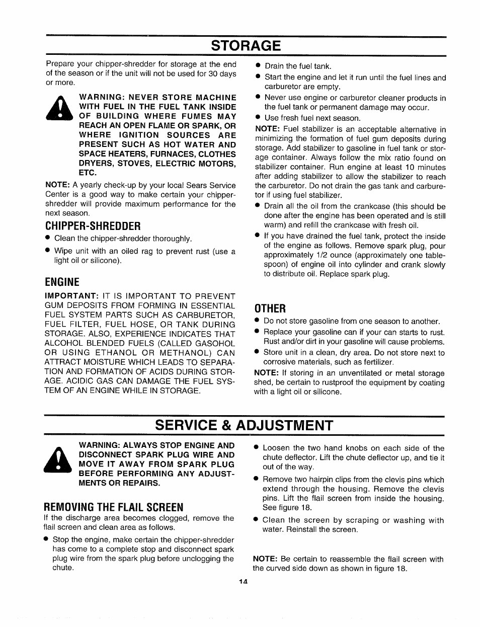 Storage, Chipper-shredder, Engine | Other, Service & adjustment, Remdving the flail screen, Storage service and adjustment -16 | Sears Craftsman 247-795890 User Manual | Page 14 / 42