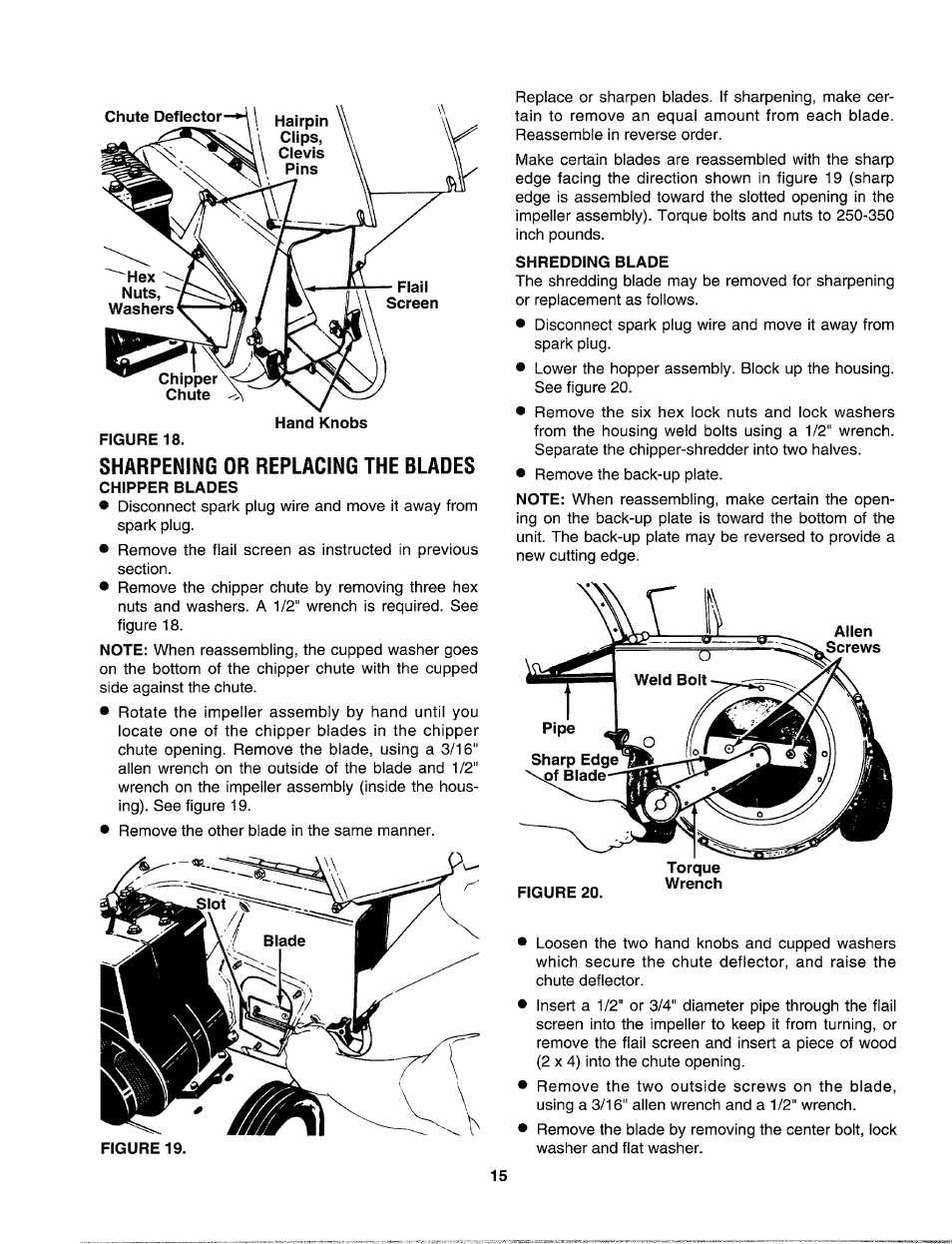 Sharpening or replacing the blades, Chipper blades, Shredding blade | Sears Craftsman 247-795890 User Manual | Page 15 / 42