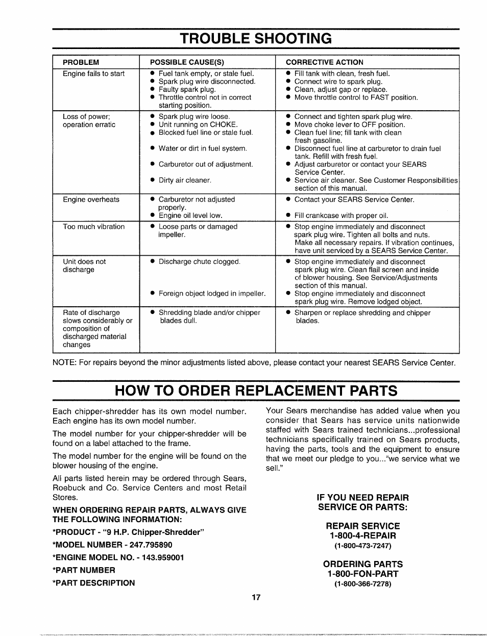 Trouble shooting, How to order replacement parts, If you need repair service or parts | Repair service 1-800-4-repair, Ordering parts 1-800-fon-part | Sears Craftsman 247-795890 User Manual | Page 17 / 42