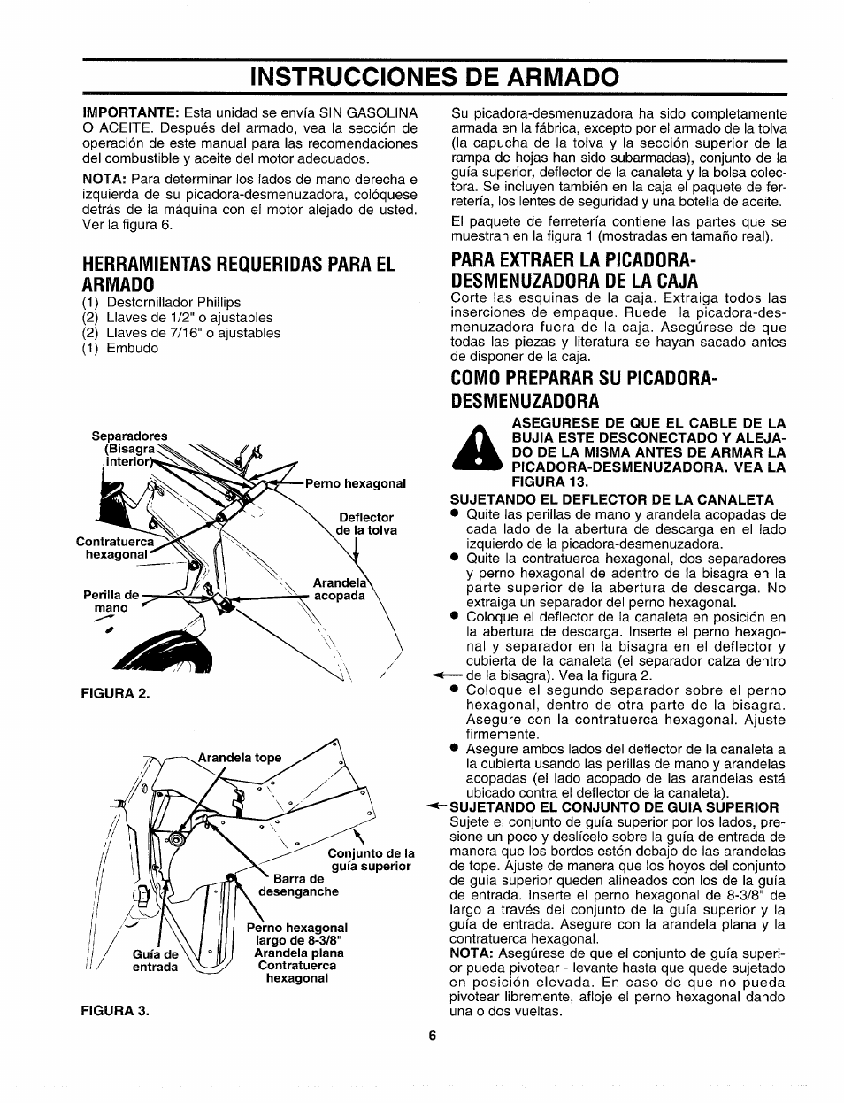 Instrucciones de armado, Herramientas requeridas para el armado, Para extraer la picadora- desmenuzadora de la caja | Como preparar su picadora- desmenuzadora, Sujetando el deflector de la canaleta, Instrucciones de armado -7 | Sears Craftsman 247-795890 User Manual | Page 30 / 42