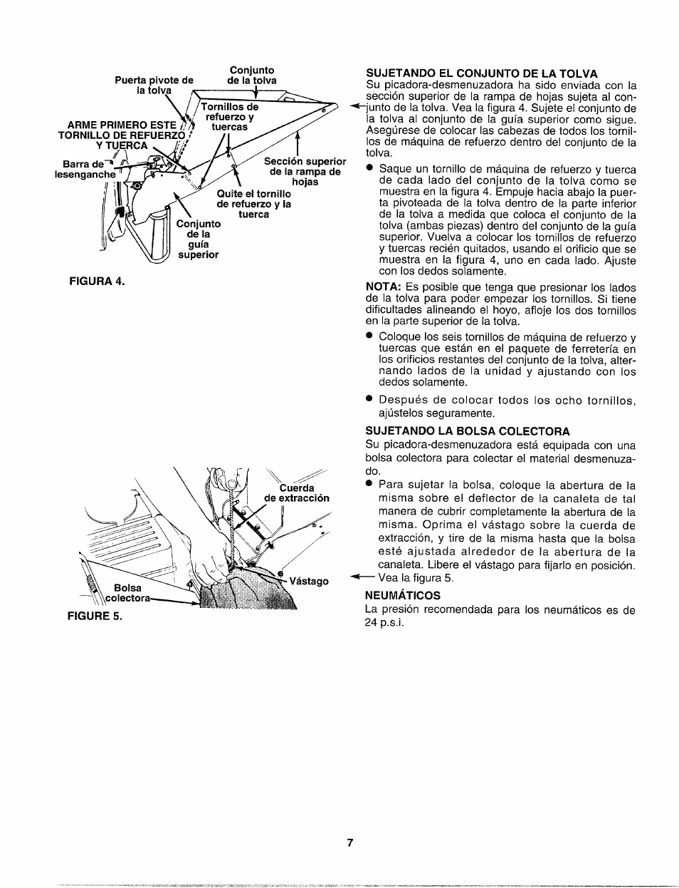 Sujetando el conjunto de la tolva, Sujetando la bolsa colectora, Neumáticos | Sears Craftsman 247-795890 User Manual | Page 31 / 42