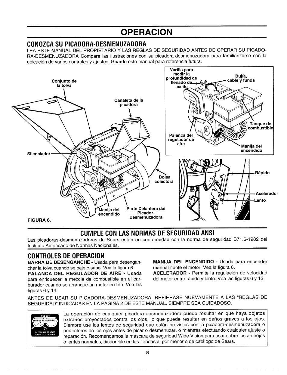 Operacion, Conozca su picadora-desmenuzadora, Cumple con las normas de seguridad ansi | Controles de operacion | Sears Craftsman 247-795890 User Manual | Page 32 / 42