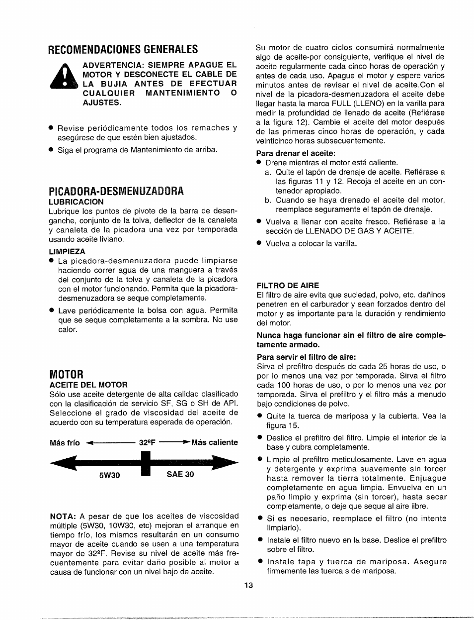 Recomendaciones generales, Picadora-desmenuzadora, Lubricacion | Limpieza, Motor, Aceite del motor, Para drenar el aceite, Filtro de aire, Para servir el filtro de aire | Sears Craftsman 247-795890 User Manual | Page 37 / 42