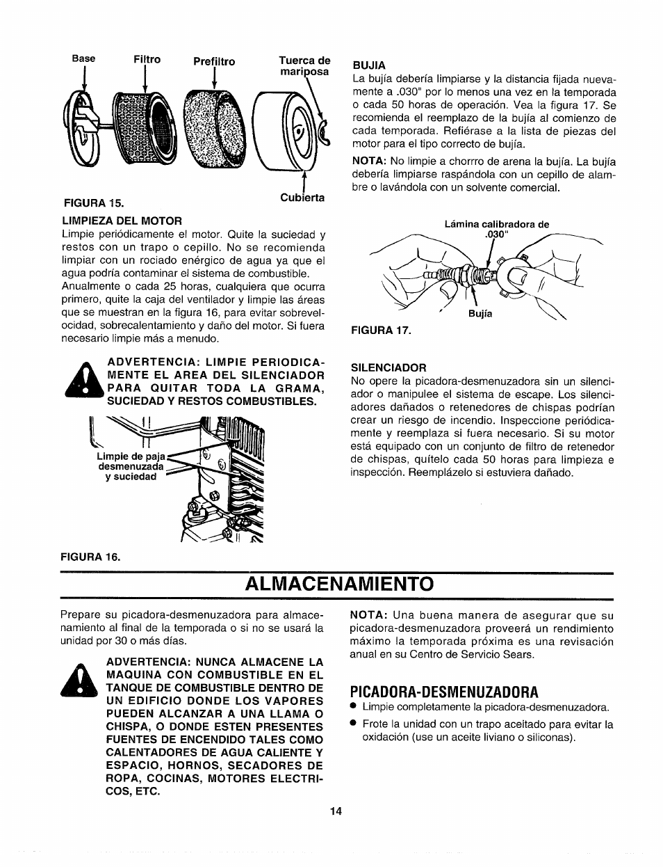 Limpieza del motor, Figura 16, Bujia | Silenciador, Almacenamiento, Picadora-desmenuzadora | Sears Craftsman 247-795890 User Manual | Page 38 / 42