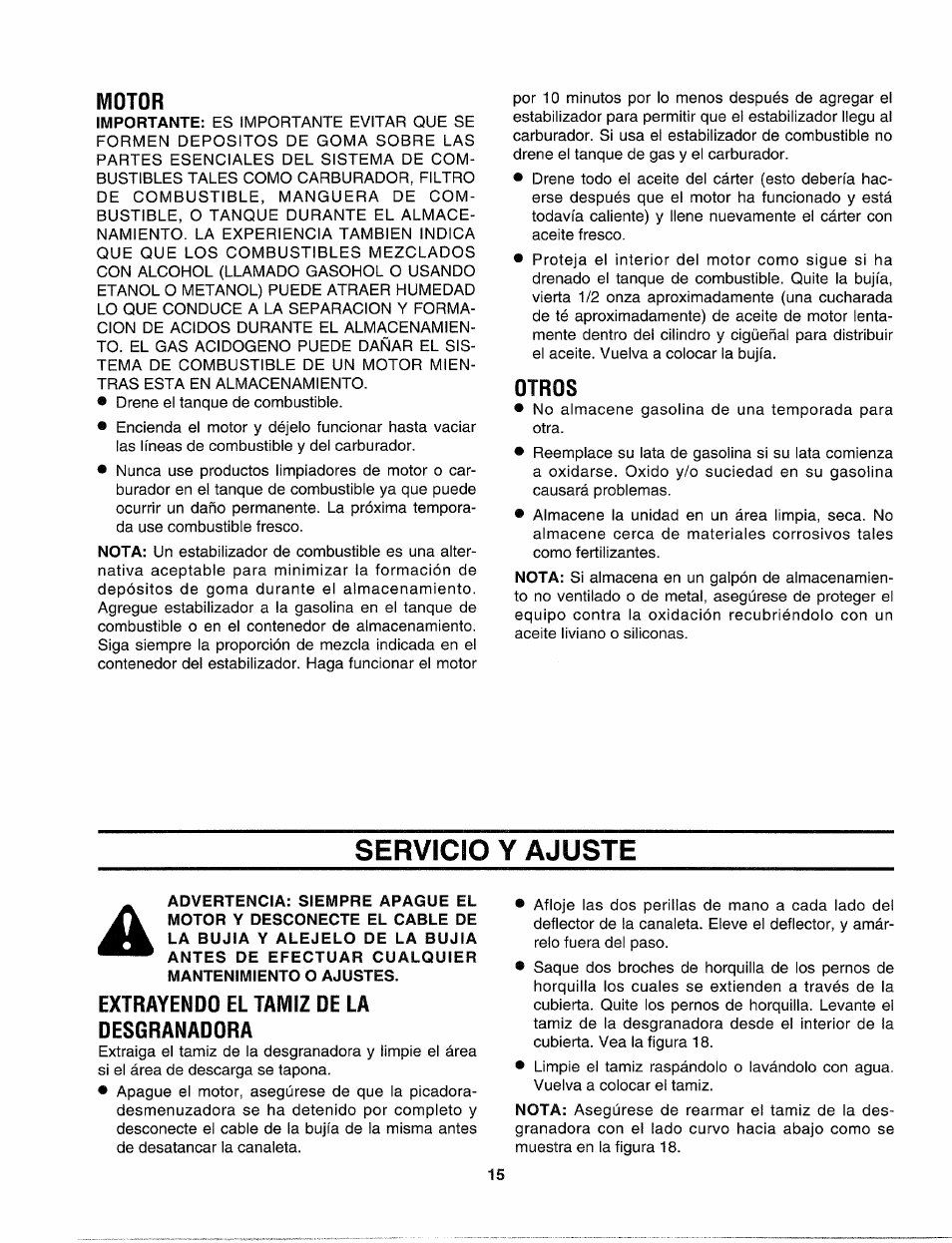 Motor, Otros, Servicio y ajuste | Extrayendo el tamiz de la desgranadora, Servicio y ajuste -17 | Sears Craftsman 247-795890 User Manual | Page 39 / 42
