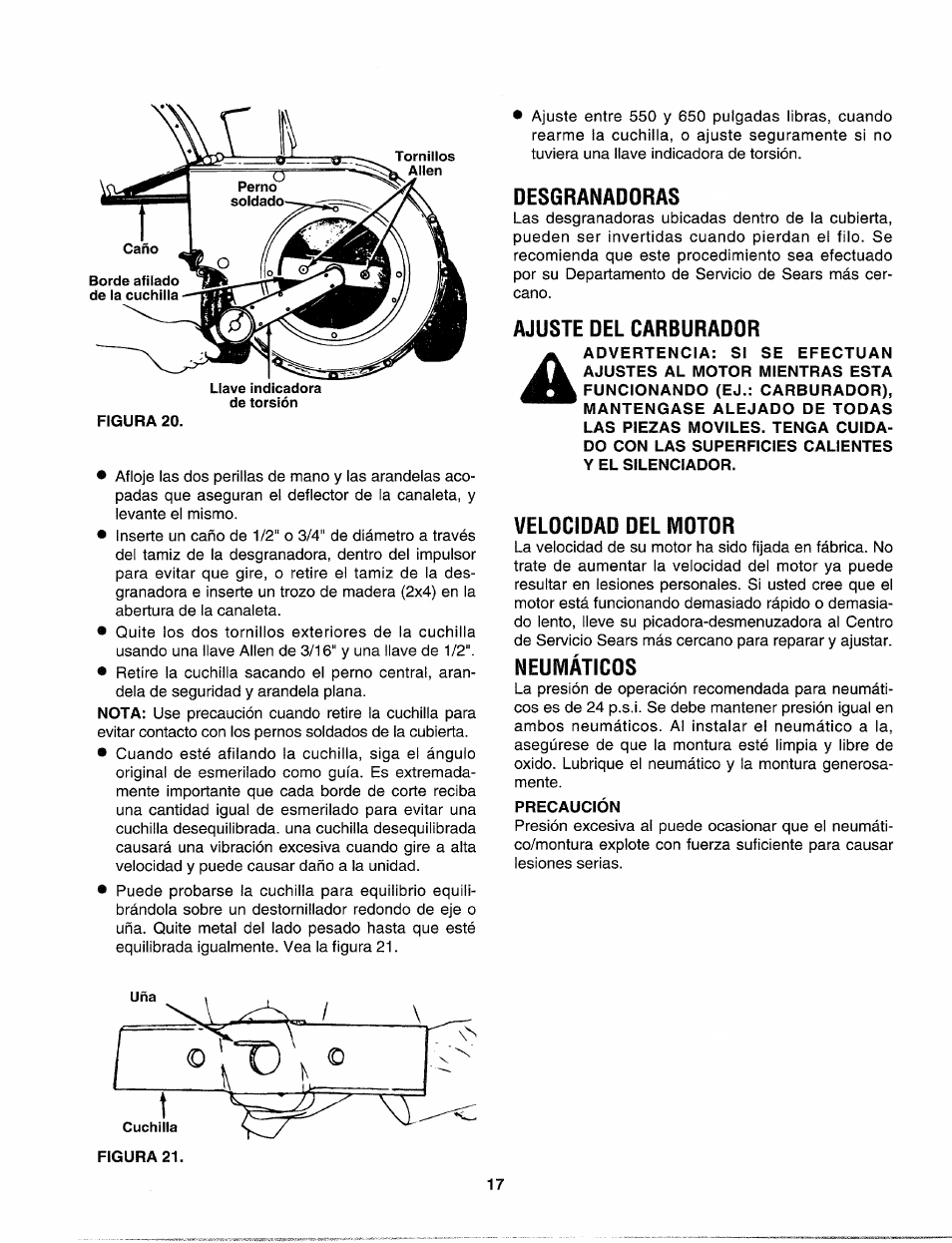 Desgranadoras, Ajuste del carburador, Velocidad del motor | Neumáticos, Precaución | Sears Craftsman 247-795890 User Manual | Page 41 / 42