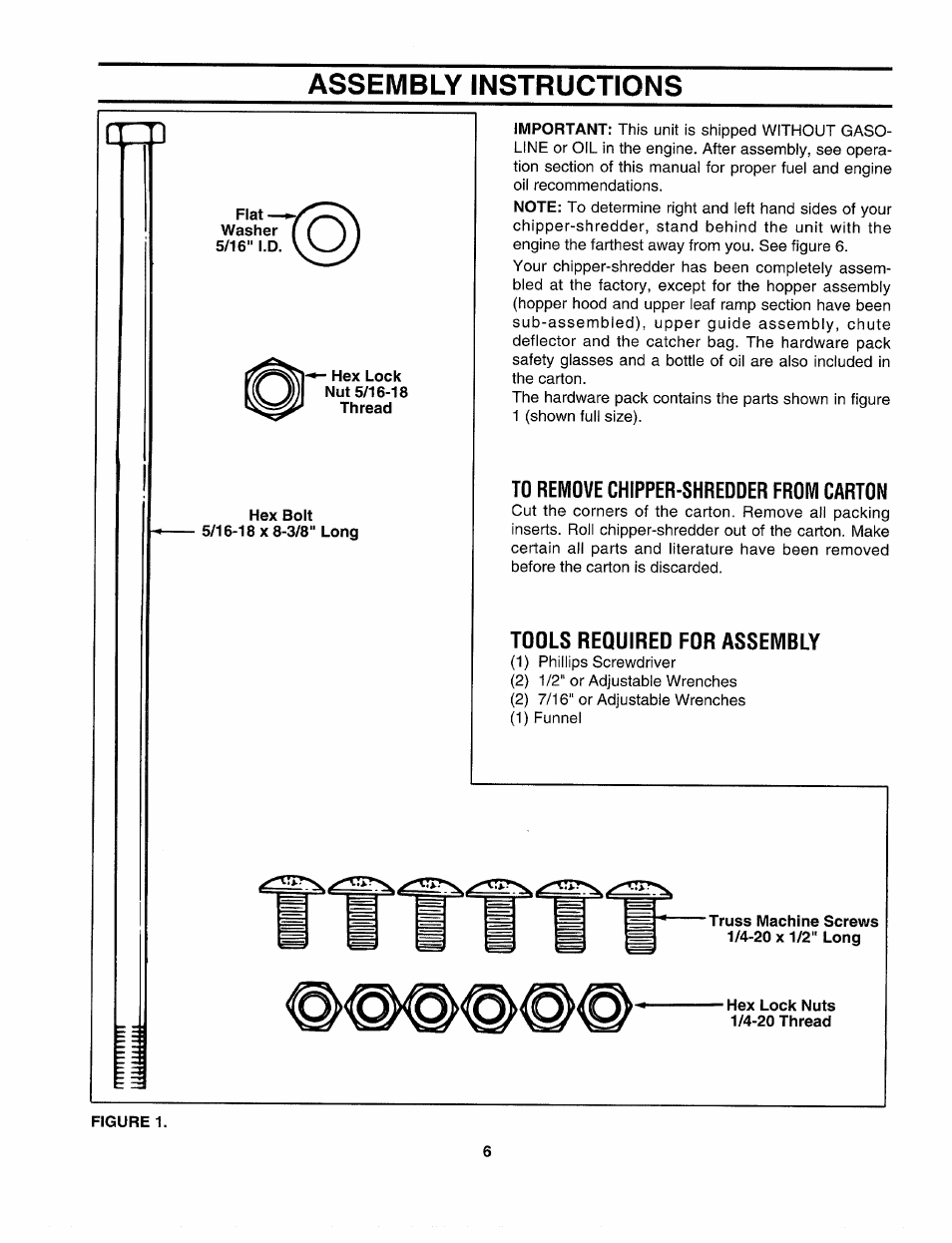 Assembly instructions, To remove chipper-shredder from carton, Tools required for assembly | Sto) | Sears Craftsman 247-795890 User Manual | Page 6 / 42