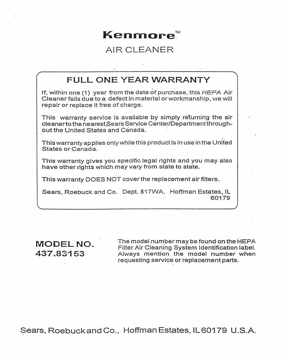 Air cleaner, Full one year warranty, Air cleaner full one year warranty | Sears KENMORE 437.83163 User Manual | Page 3 / 8