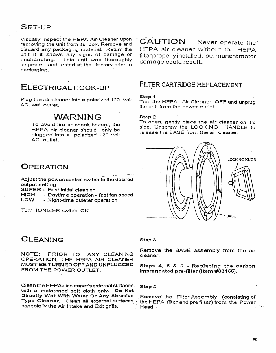 Caution, Warning, Lectrical | Hook, Peration, Leaning | Sears KENMORE 437.83163 User Manual | Page 5 / 8