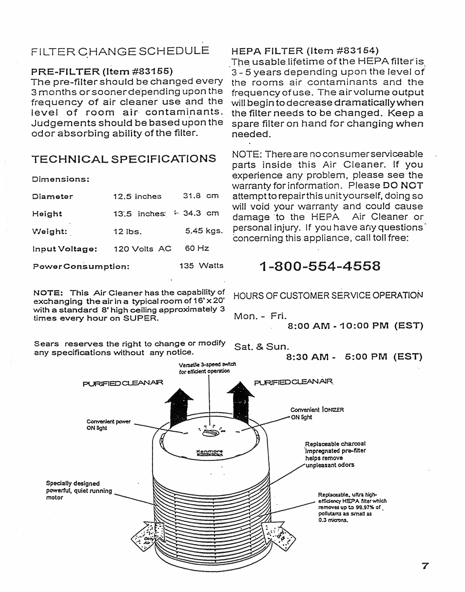 Technical specifications | Sears KENMORE 437.83163 User Manual | Page 7 / 8