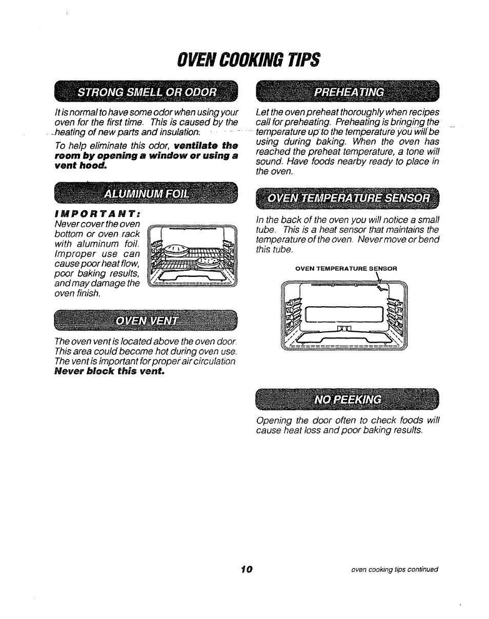 Oven cooking tips, Strong smell or odor, Oven temperature sensor | Temperature sensor | Sears 911. 47169 User Manual | Page 10 / 23