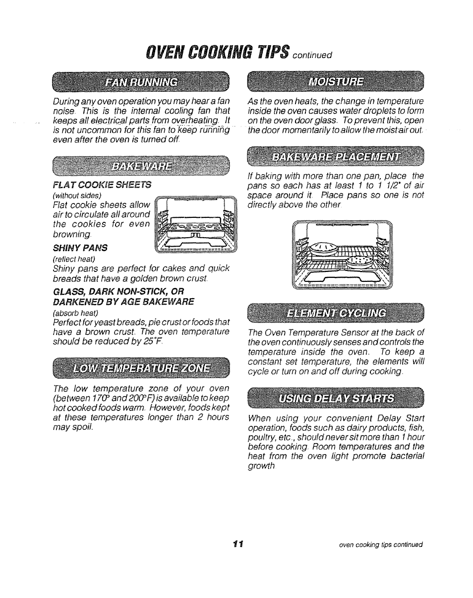 Moisture, Elbmentcycun, Element cycling | Oven cooking tips | Sears 911. 47169 User Manual | Page 11 / 23