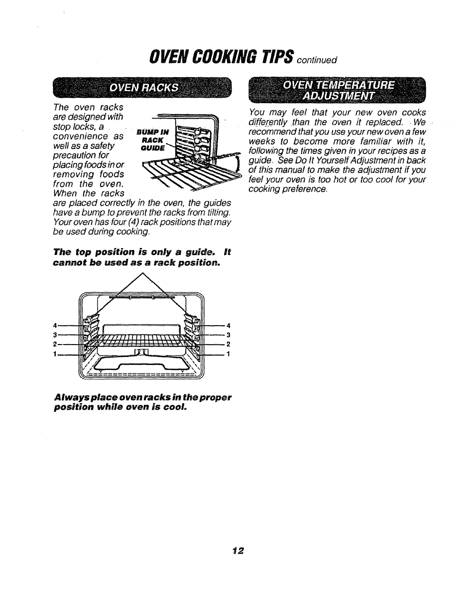 Oven racks, Oven temperature adjustment, Oven cooking tips | Sears 911. 47169 User Manual | Page 12 / 23