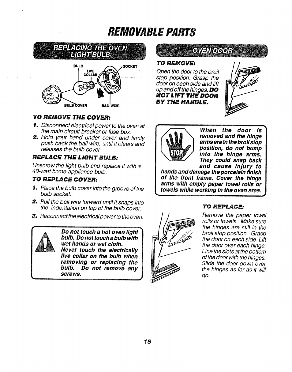 Removable parts, Replacing the oven light bulb, Oven door | Sears 911. 47169 User Manual | Page 18 / 23