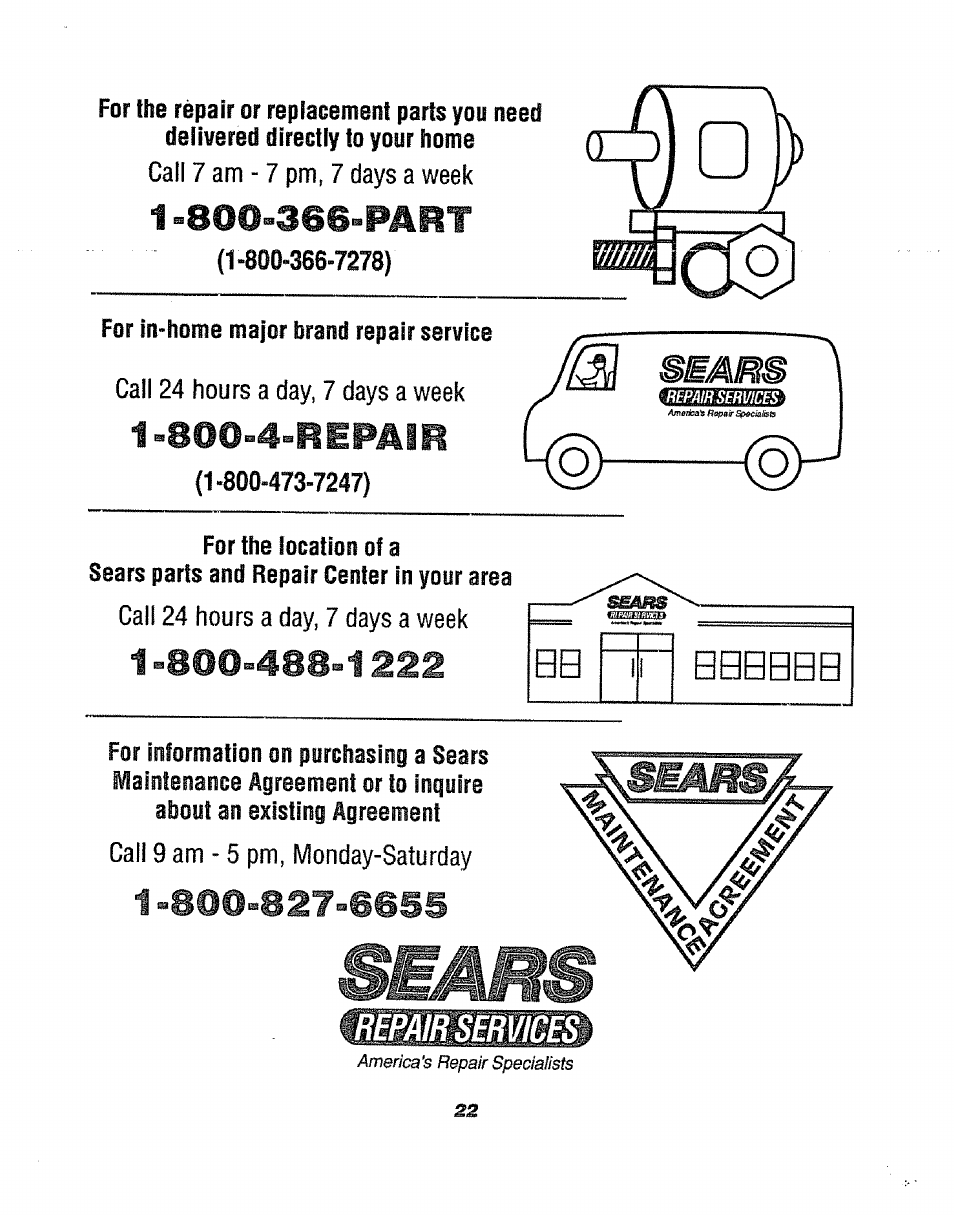 800-4-repam, Smsm | Sears 911. 47169 User Manual | Page 22 / 23