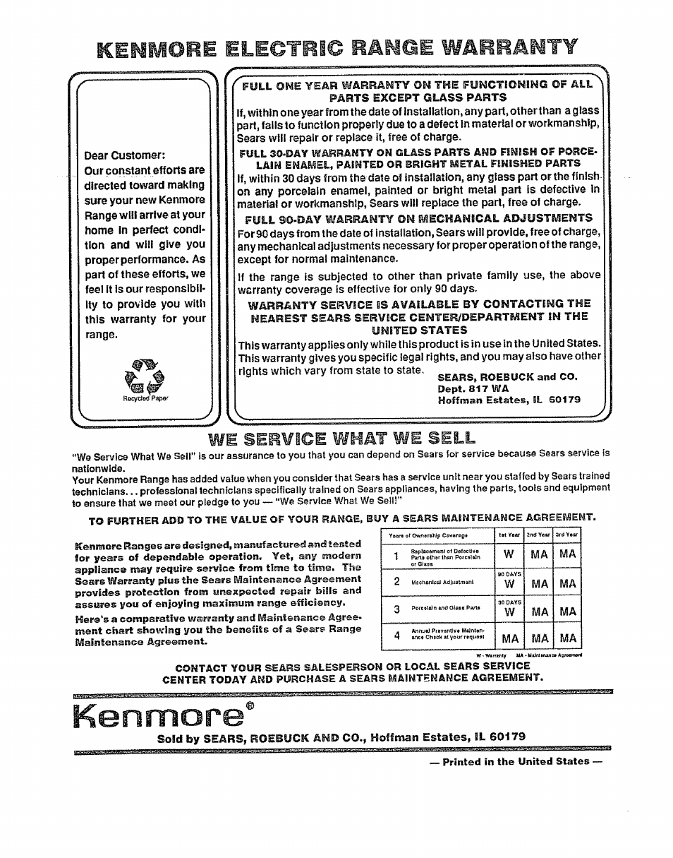 Kenmore, Kenmore electric range warranty, We service what we | Sell | Sears 911. 47169 User Manual | Page 23 / 23