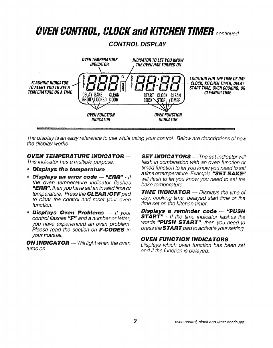 Oven control, clock and kitchen timer con, nue, Control display, Lilili | L o o q | Sears 911. 47169 User Manual | Page 7 / 23