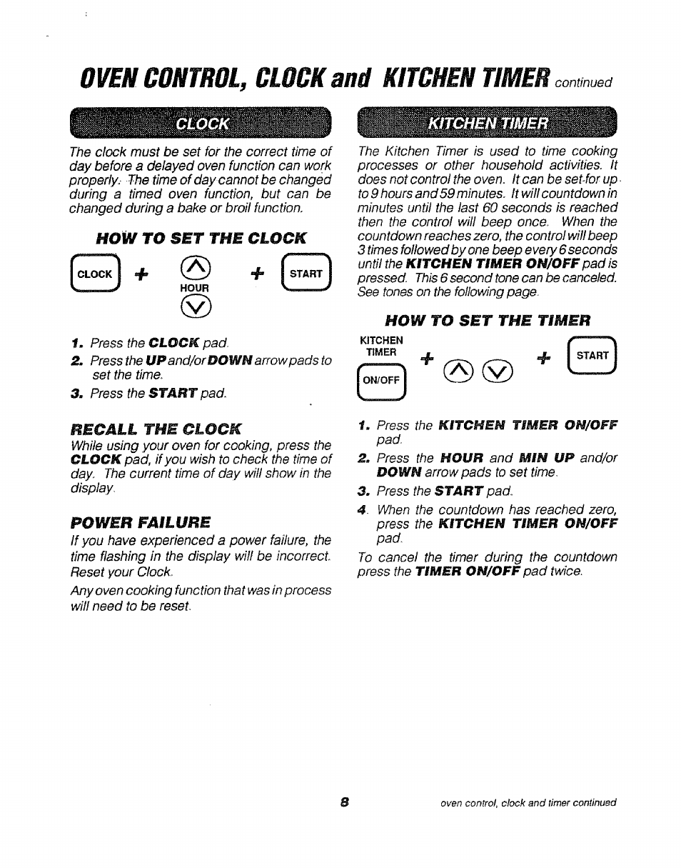 How to set the clock, Recall the clock, Power failure | Kitchen timer, How to set the timer, Oven control, clock and kitchen timer | Sears 911. 47169 User Manual | Page 8 / 23