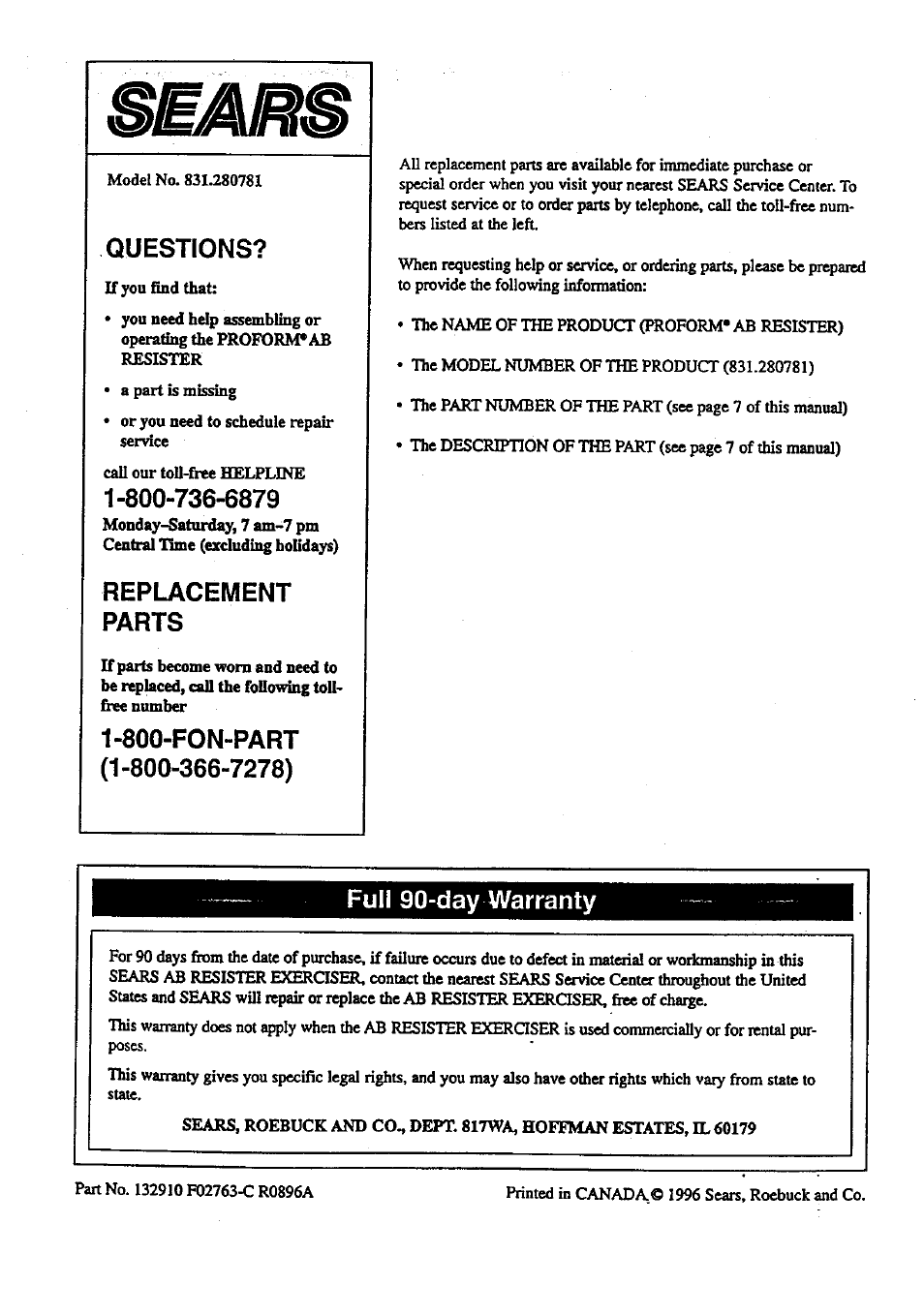 Full 90-day warranty, Questions, Replacement parts | Sears 831.280781 User Manual | Page 8 / 8