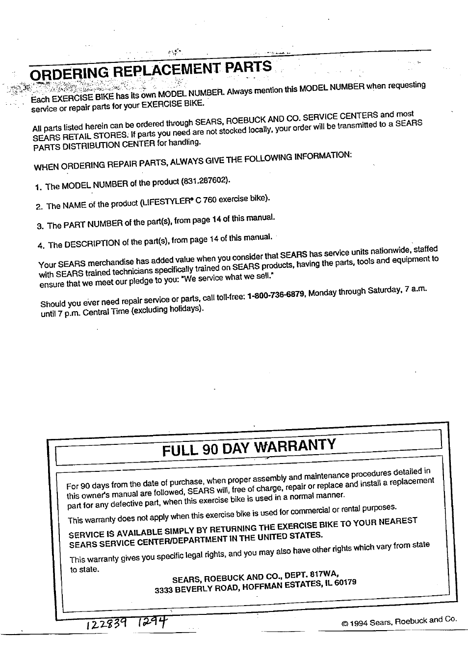 Nsultefrrire.ourpledgetoyou:-wese™cev*at«vesel, Full 90 day warranty, Ordering | Replacement parts | Sears 831.287602 User Manual | Page 16 / 16
