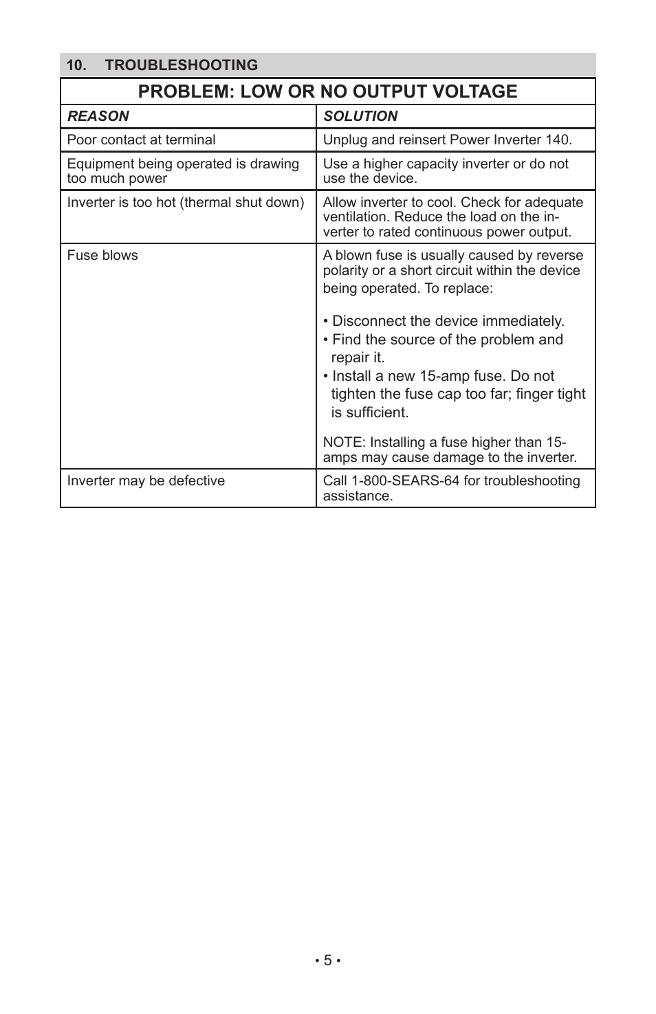 Problem: low or no output voltage | Sears 200.71522 User Manual | Page 7 / 8