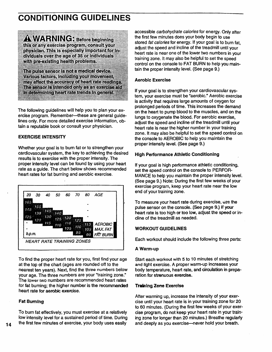 Conditioning guidelines, Conditioning guidelines awarning | Sears PRO FORM 585 831.297662 User Manual | Page 14 / 19