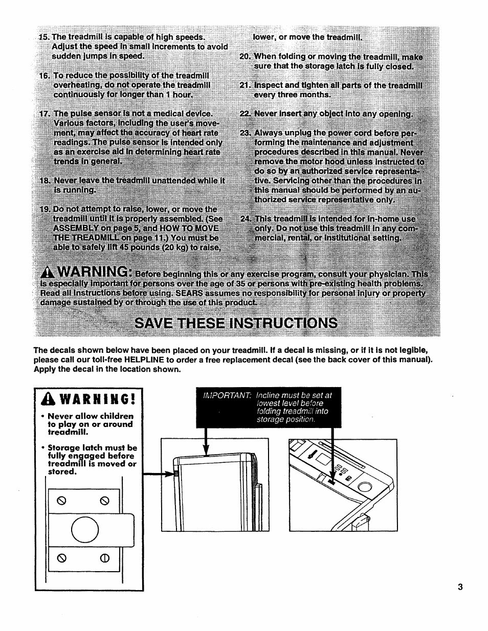 Save these instructions, A warning | Sears PRO FORM 585 831.297662 User Manual | Page 3 / 19