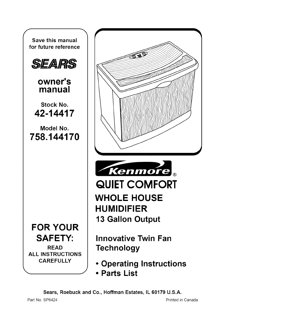Sears QUIET COMFORT 758.14417 User Manual | 16 pages