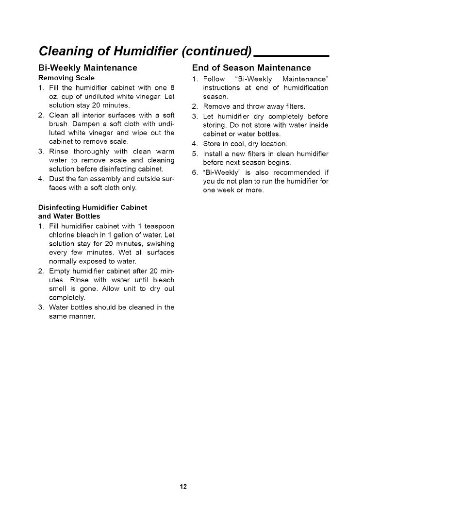 Cleaning of humidifier (continued) | Sears QUIET COMFORT 758.14417 User Manual | Page 12 / 16