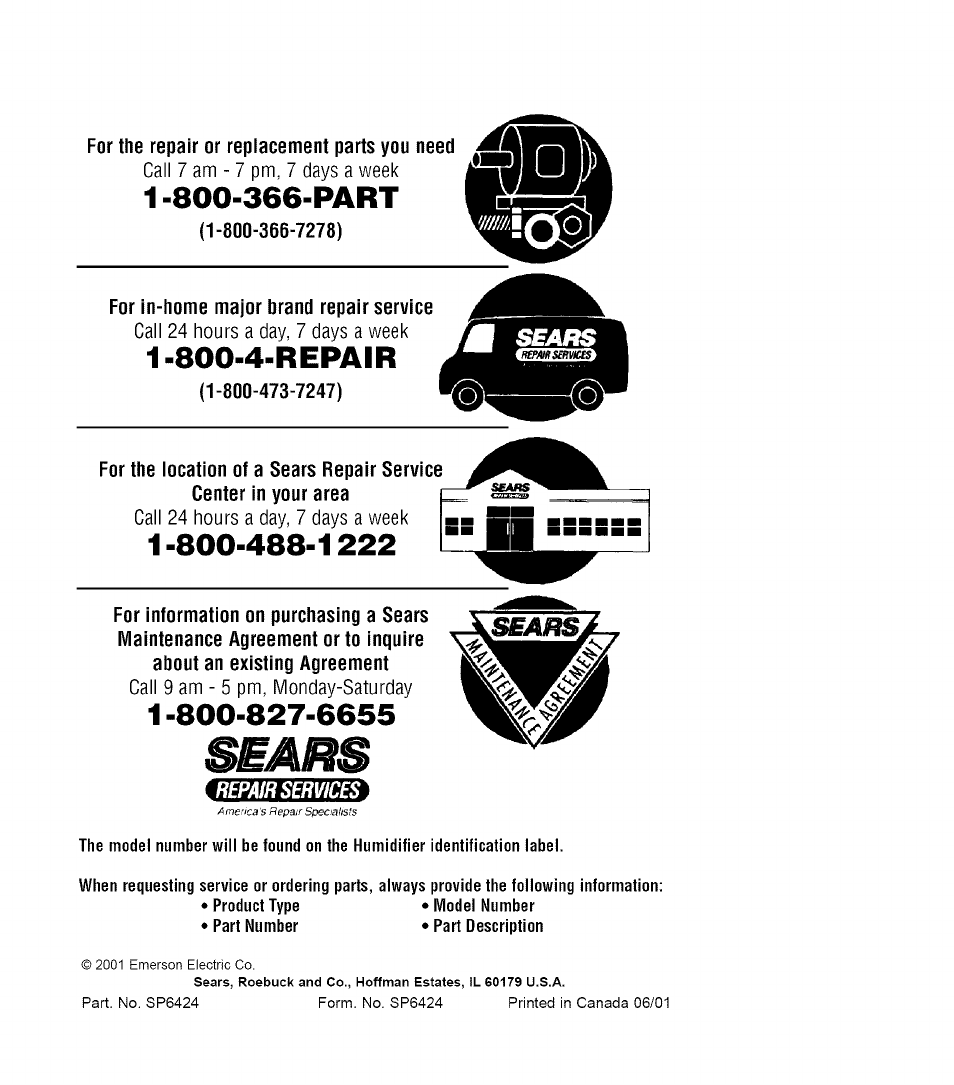 For the repair or replacement parts you need, 1 -800-366-part, For in-home major brand repair service | 800-4-repair | Sears QUIET COMFORT 758.14417 User Manual | Page 16 / 16