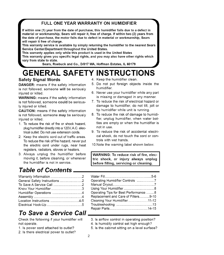 Sears QUIET COMFORT 758.14417 User Manual | Page 2 / 16