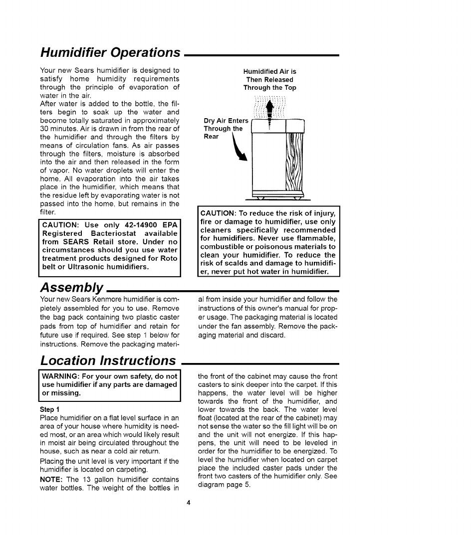 Humidifier operations, Assembly, Location instructions | Sears QUIET COMFORT 758.14417 User Manual | Page 4 / 16