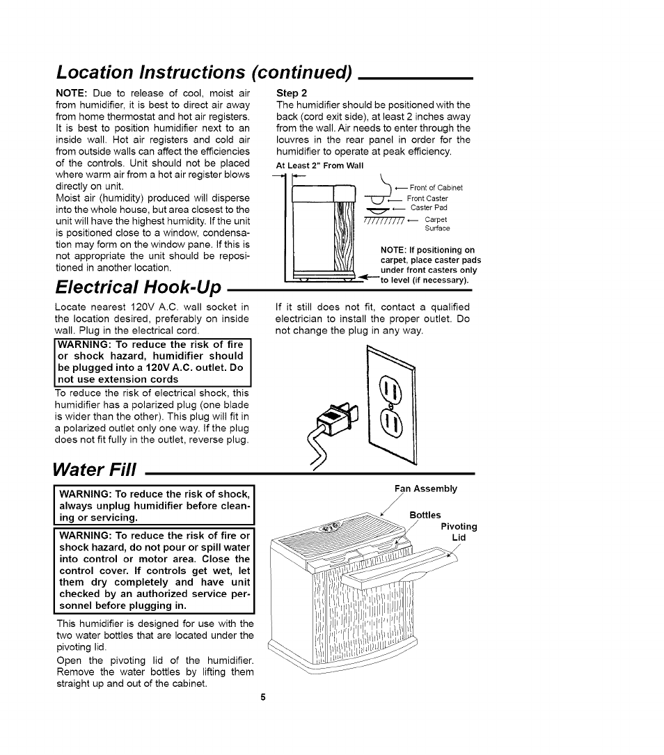 Location instructions (continued), Electrical hook-up, Water fill | Water fill -6 | Sears QUIET COMFORT 758.14417 User Manual | Page 5 / 16