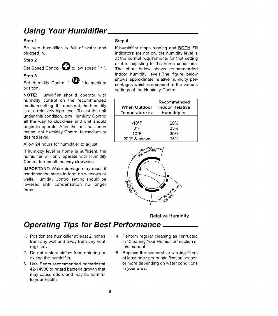 Using your humidifier, Operating tips for best performance, Cleaning your humidifier -12 | Sears QUIET COMFORT 758.14417 User Manual | Page 8 / 16