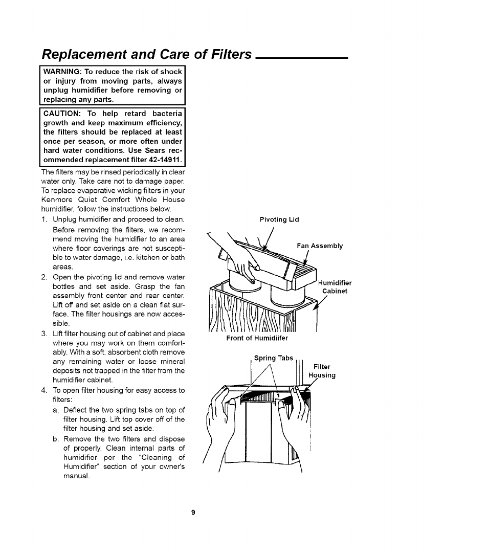 Replacement and care of filters, Replacement and care of filters -10 | Sears QUIET COMFORT 758.14417 User Manual | Page 9 / 16