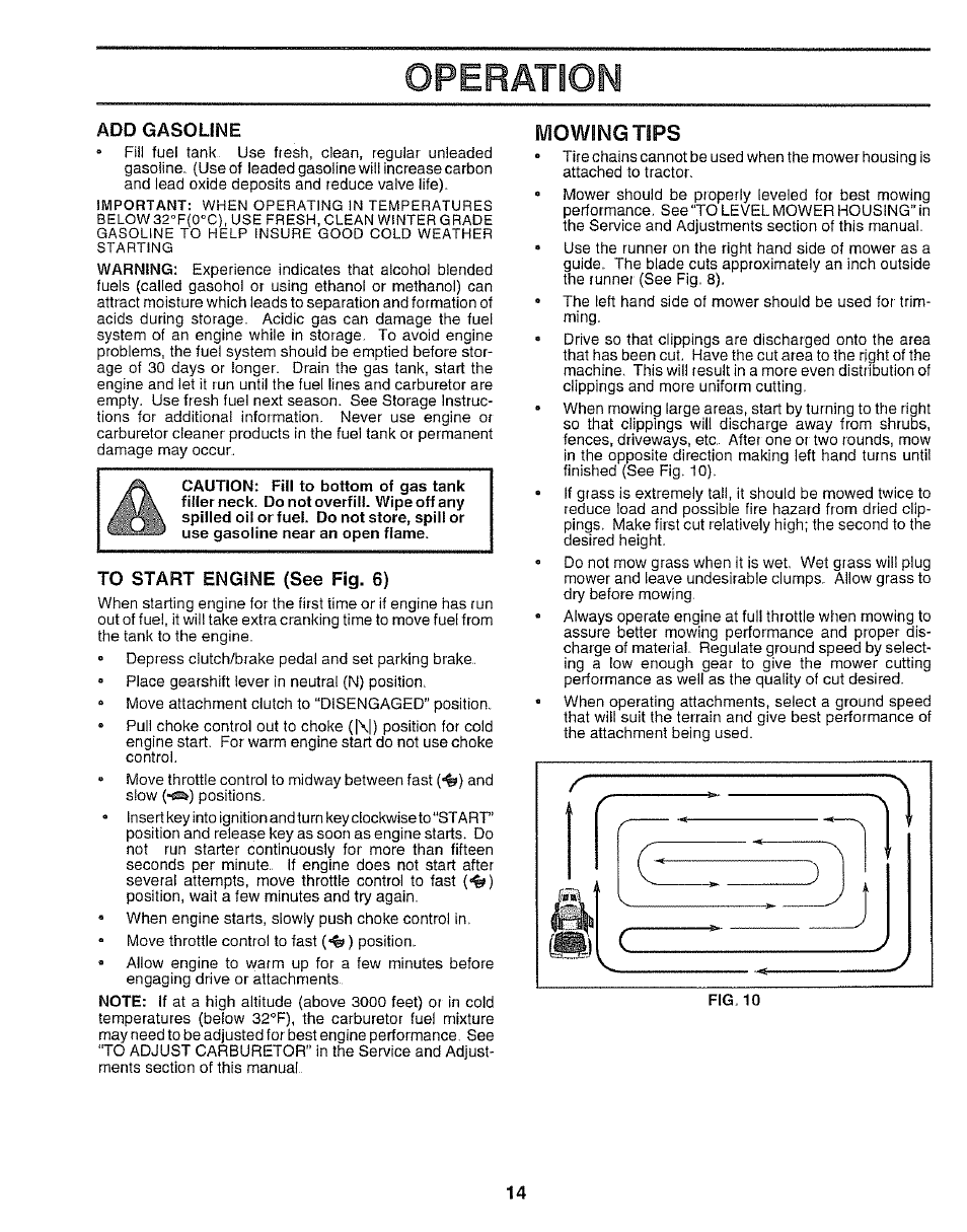 Add gasoline, To start engine (see fig. 6), Mowing tips | Operation | Sears 917.250551 User Manual | Page 14 / 60