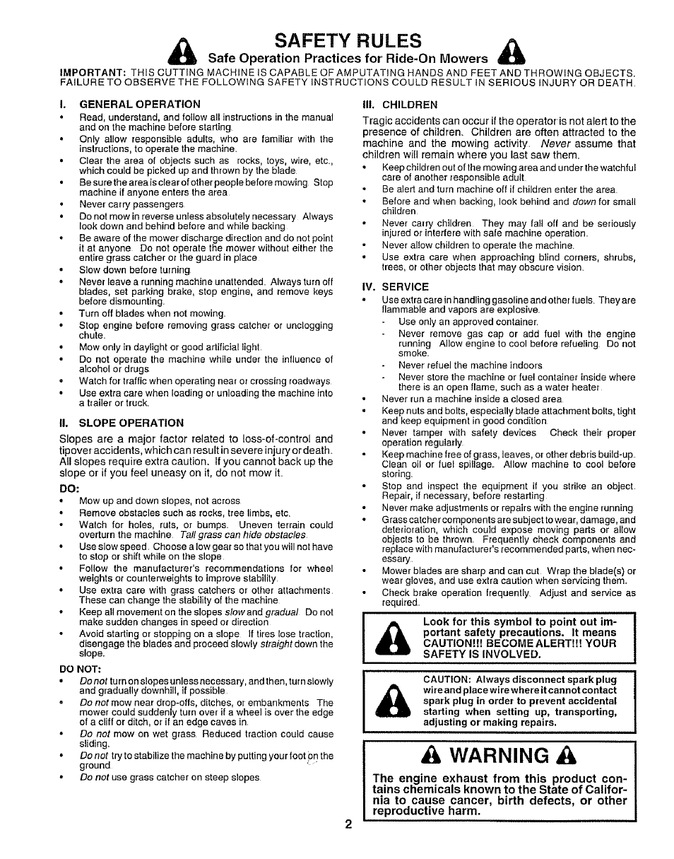 Safe operation practices for ride-on mowers, Safety rules, A warning a | Sears 917.250551 User Manual | Page 2 / 60