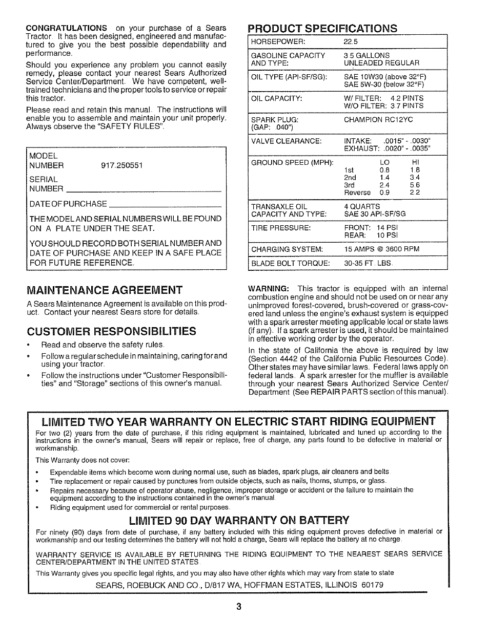 Product specifications, Maintenance agreement, Customer responsibilities | Limited 90 day warranty on battery | Sears 917.250551 User Manual | Page 3 / 60