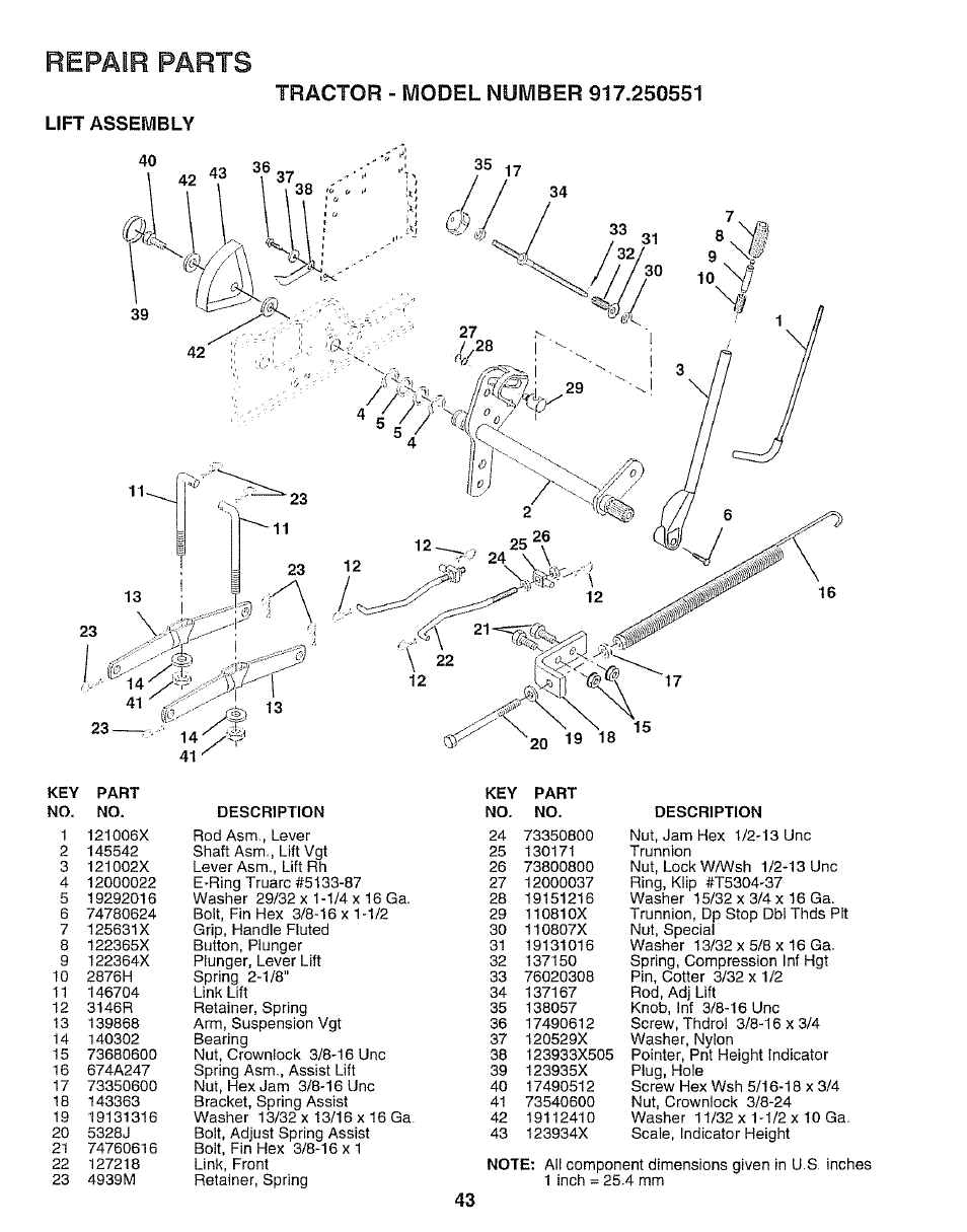 Lift assembly, Repair parts | Sears 917.250551 User Manual | Page 43 / 60
